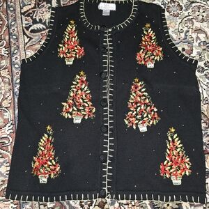 Lisa International Black Knit Vest with Gold Stitching